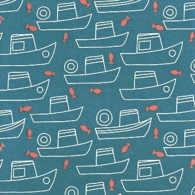 Geschenkpapier Fischerboot mit Goldfisch in einem meerblauen Hintergrund auf starkem Papier.
 