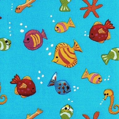 Geschenkpapier tropischer Fisch, Hintergrund in Seeblau auf starkem weißem Papier.
 