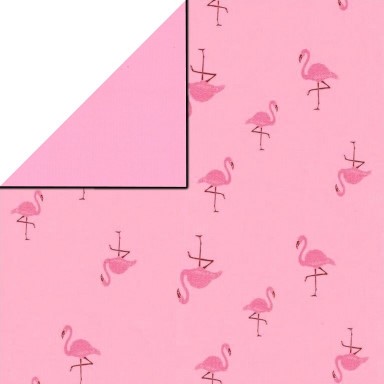 Geschenkpapier vorne rosa mit Flamingos, hinten uni rosa auf geripptes starkes Papier.
 