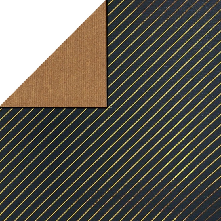 Geschenkpapier in Mitternachtsblau, diagonale Streifen in Metallic-Gold auf gestreiftem Naturkraftpapier.
 