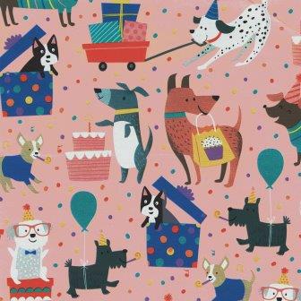 Secare Rolle Geschenkpapier Hundegeburtstagsfeier mit rosa Hintergrund auf festem weißen Papier.
 