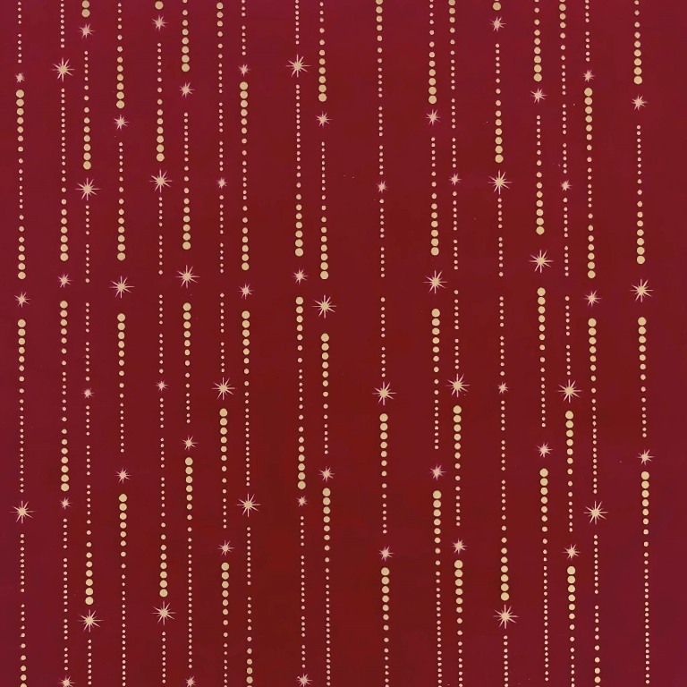 Geschenkpapier goldener Sternenregen auf mattem burgunderfarbenem Hintergrund auf weißem Papier.
 