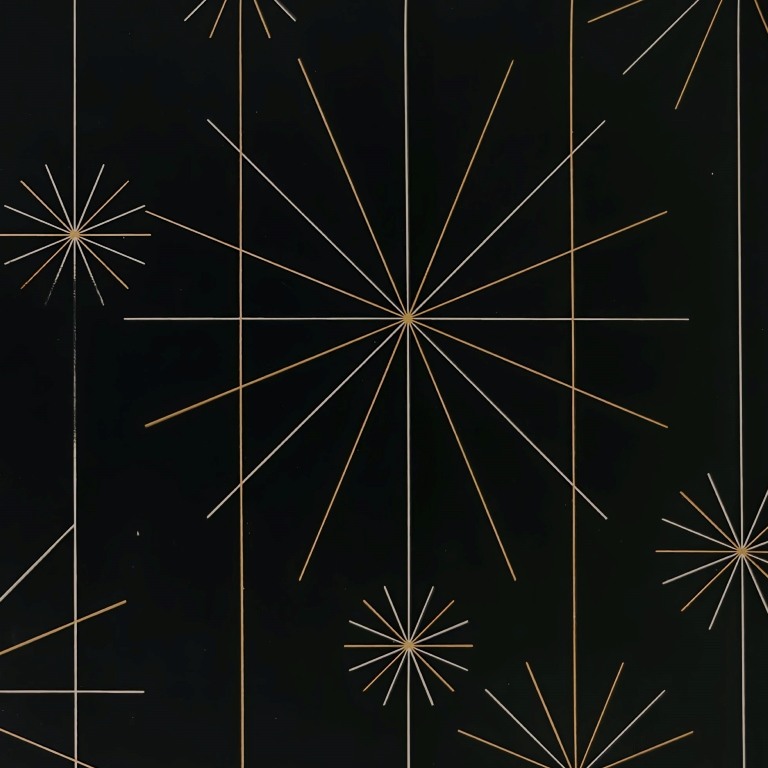 Geschenkpapier mit gold- und silbermetallisch glänzenden Sternen auf mattschwarzem Untergrund auf metallisiertem Papier..
 