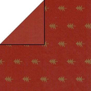 Weihnachtspapier mit goldenen Bäumen auf rotem Hintergrund, Rückseite einfarbig rot, auf recyceltem braun gestreiftem Papier.
 