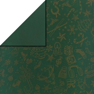 Goldene Weihnachtsartikel auf grünem Geschenkpapier, Rückseite einfarbig grün auf recyceltem braun gestreiftem Papier.
 