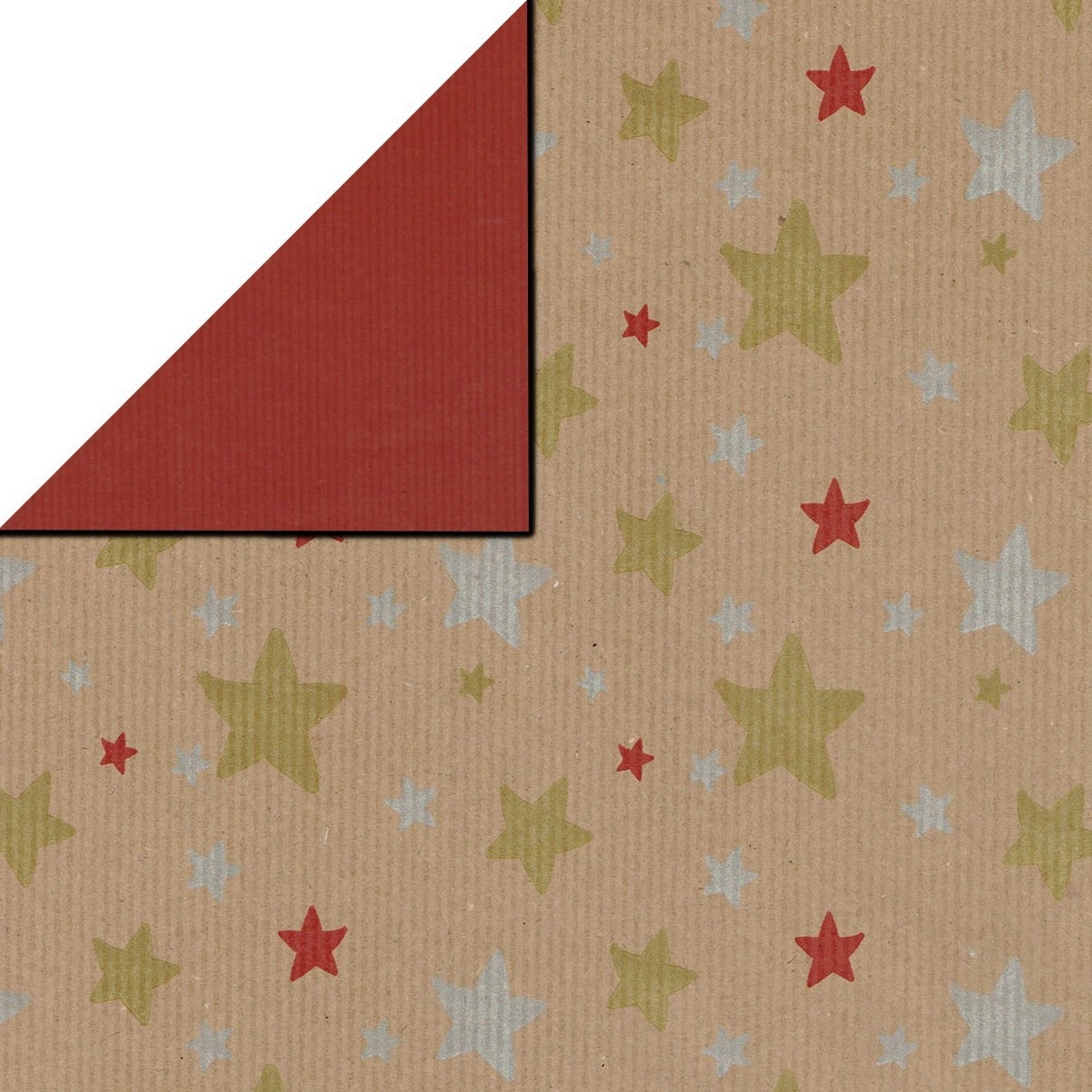 Weihnachtsgeschenkpapier mit goldenen, silbernen und roten Sternen, Rückseite einfarbig dunkelrot, auf gestreiftem Öko-Kraftpapier.
 